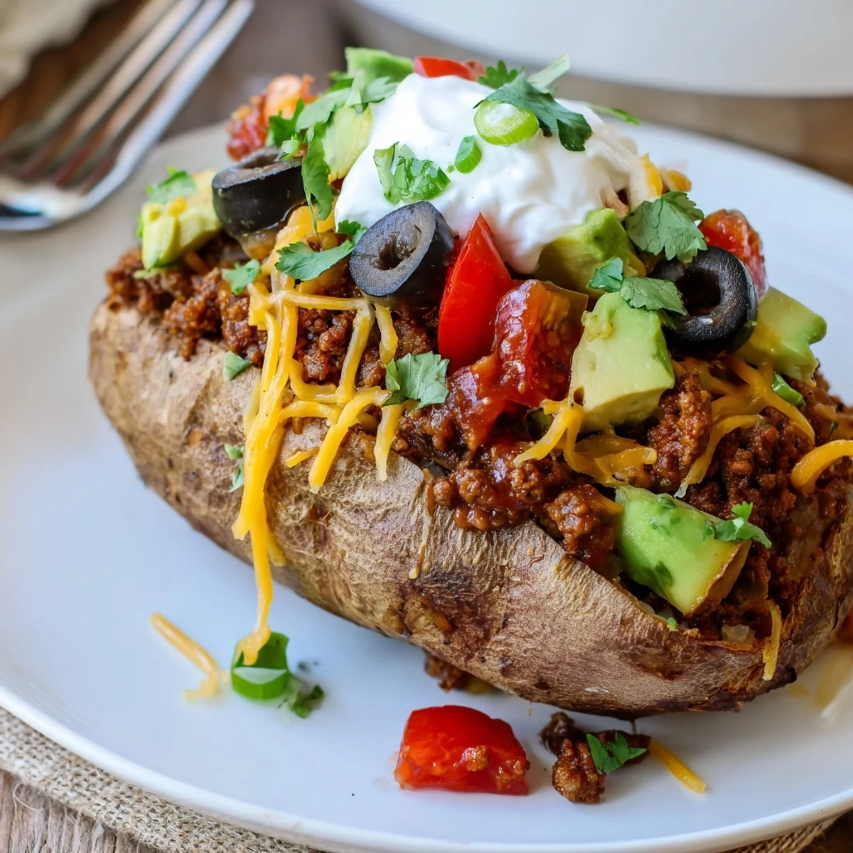 Oven roasted Taco Loaded Baked Potatoes garnished with cilantro, sour cream dollop.