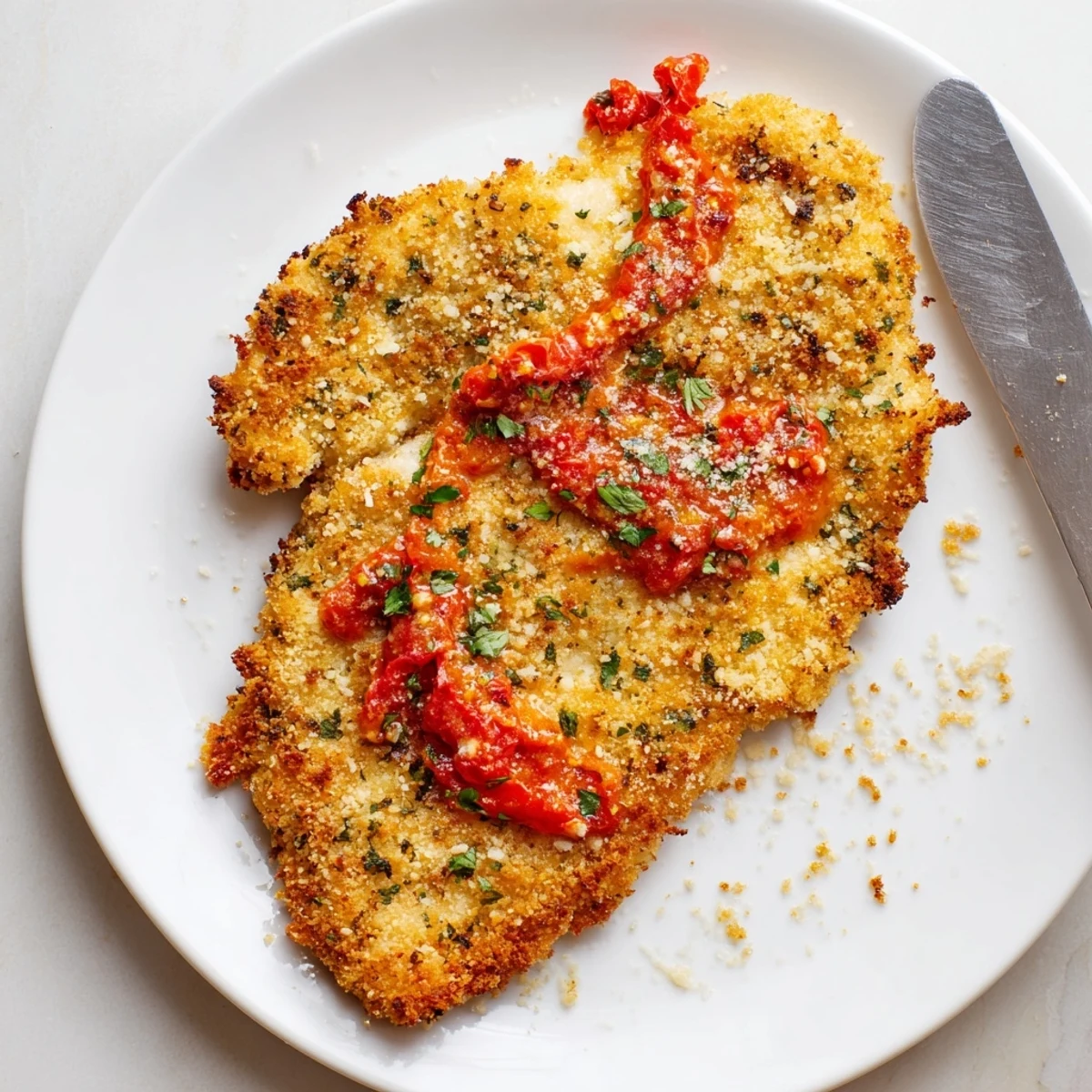 Sliced Parmesan Roasted Red Pepper Chicken resting on a bed of roasted vegetables