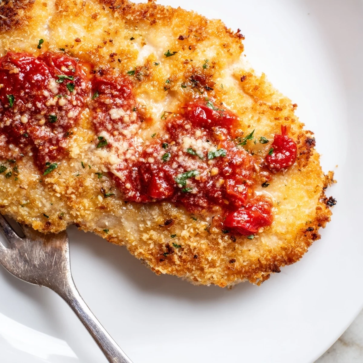 Warm Parmesan Roasted Red Pepper Chicken with crispy Parmesan crust and tangy balsamic sauce