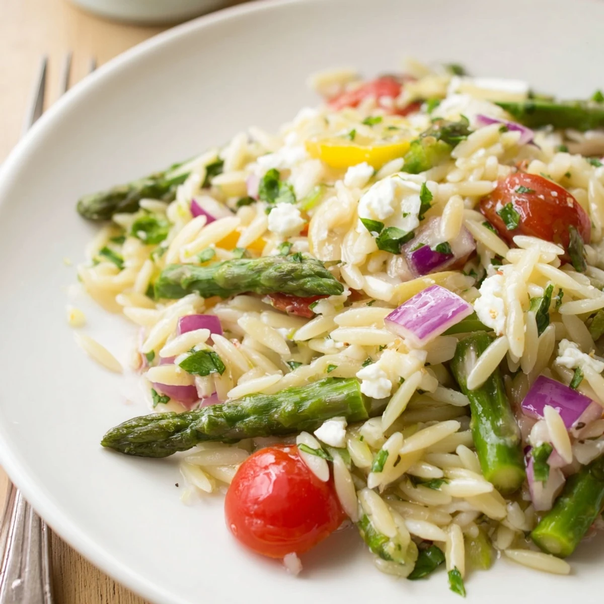 Spring-ready Asparagus Orzo Salad With Lemon Vinaigrette, halved tomatoes and crumbled feta  