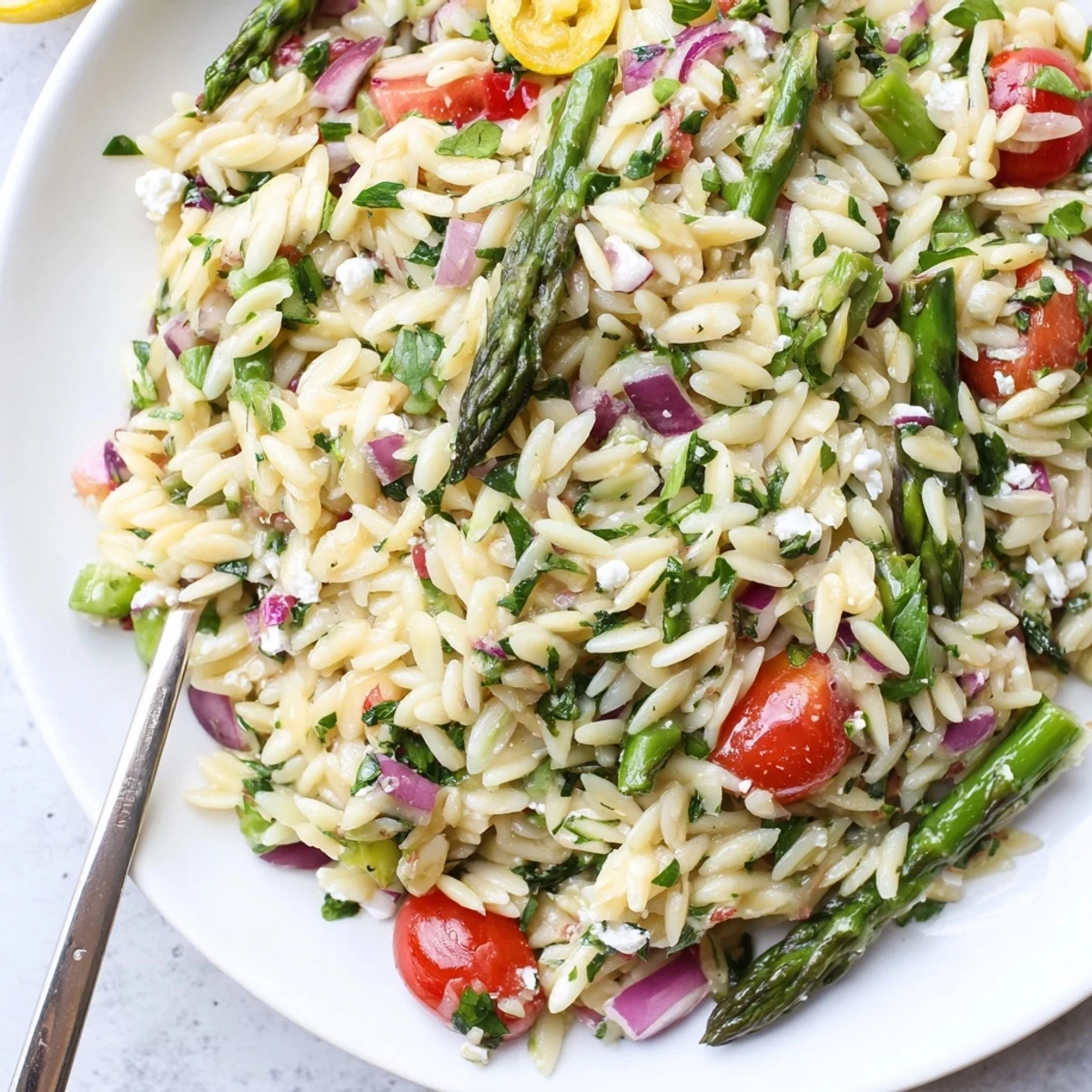 Bright Asparagus Orzo Salad With Lemon Vinaigrette, chilled orzo, crisp green spears  