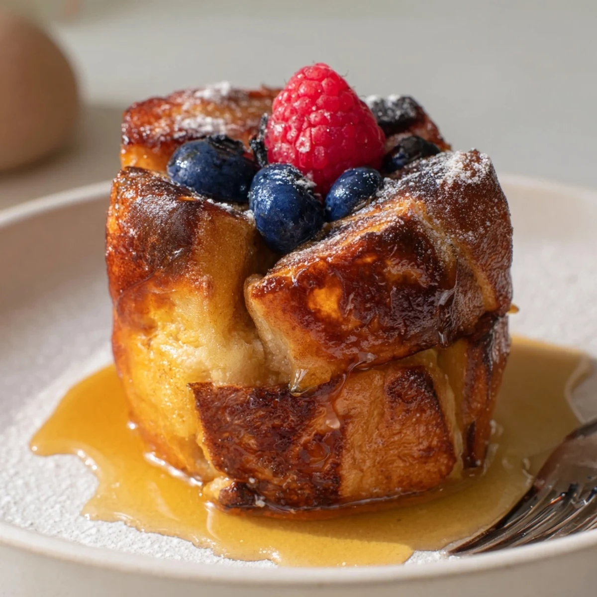 Baked French Toast Cups with golden crisp edges, fluffy centers, maple drizzle.