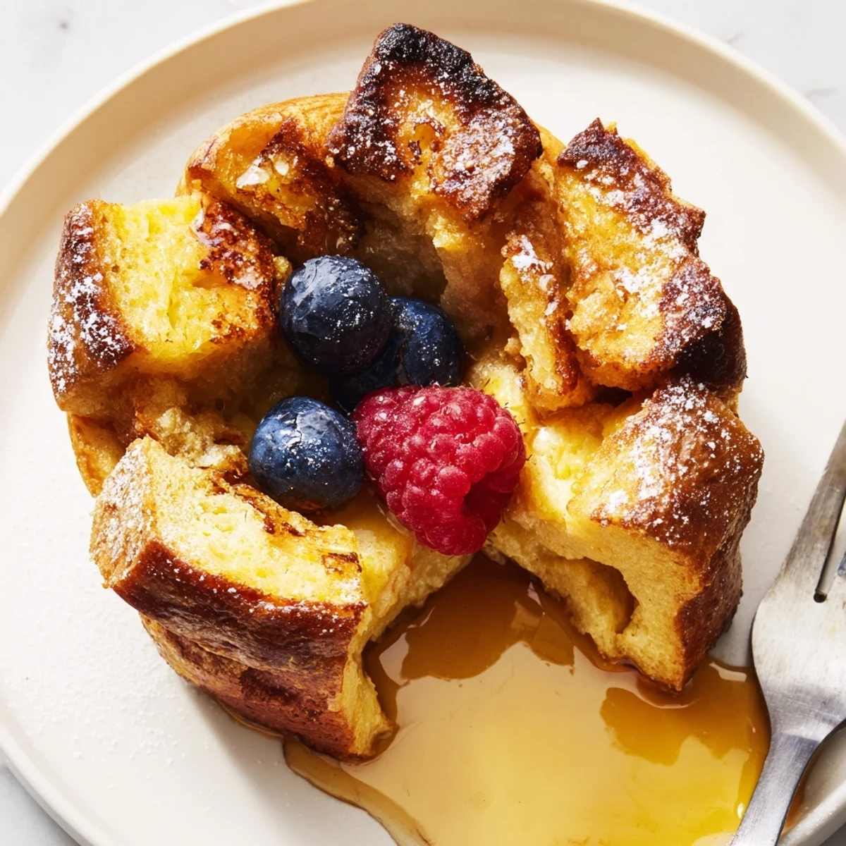 Warm Baked French Toast Cups topped with fresh berries and powdered sugar.