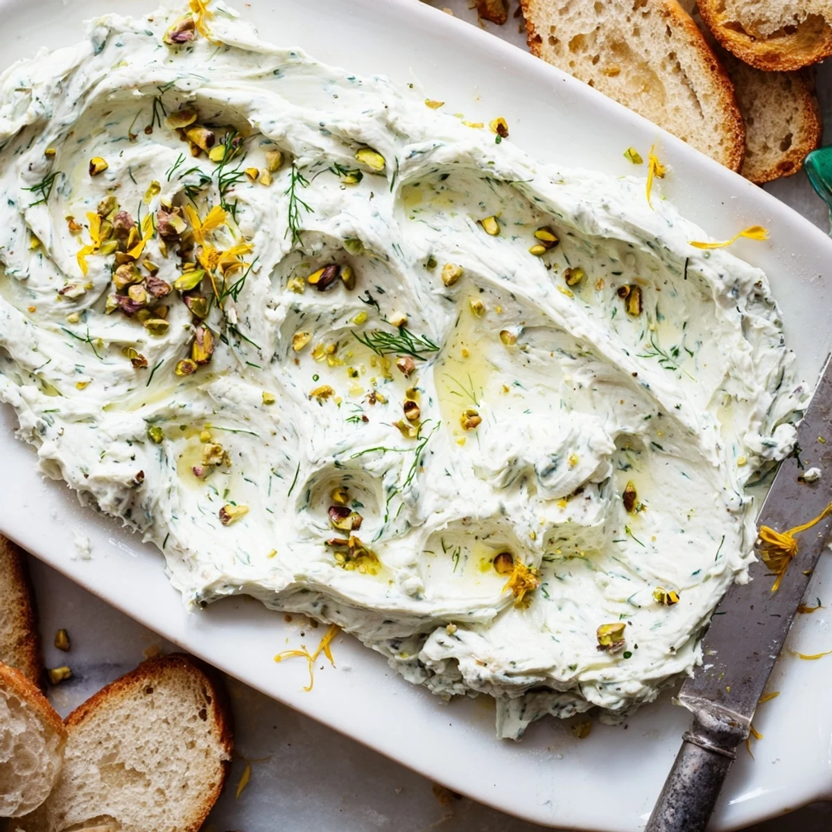 Rustic Creamy Herb Infused Butter Board dotted with edible flowers, chopped toasted nuts
