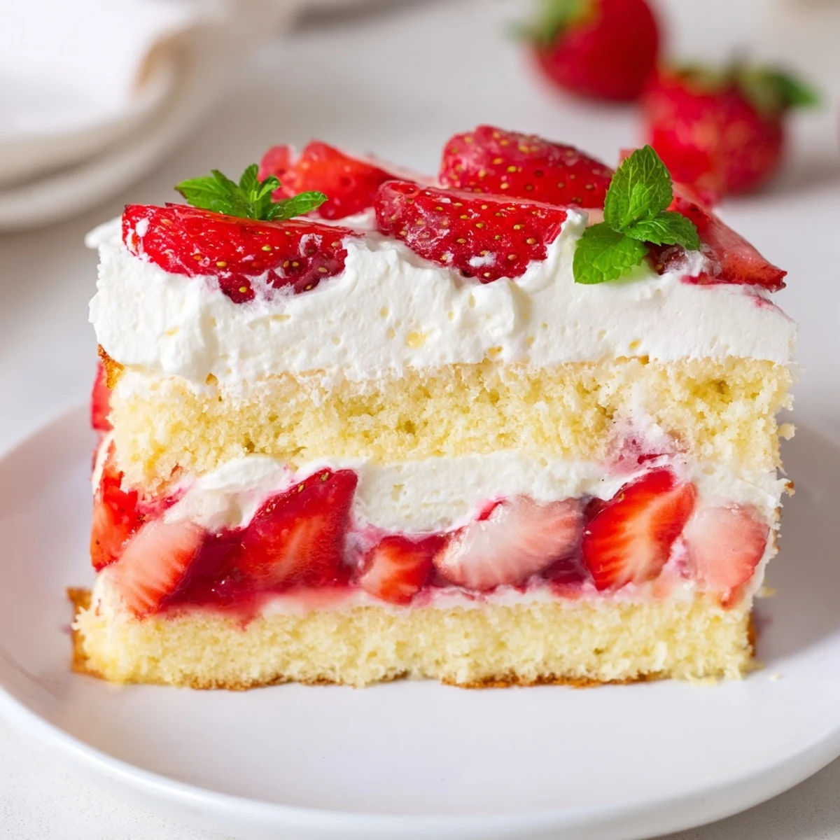 Slices of Strawberries And Cream Sponge Cake with whipped layers, juicy berries