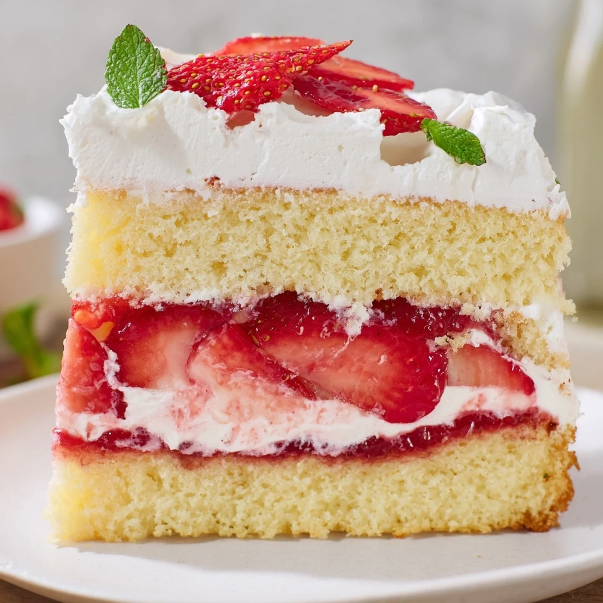 Chilled Strawberries And Cream Sponge Cake, soft cream peeking between golden layers
