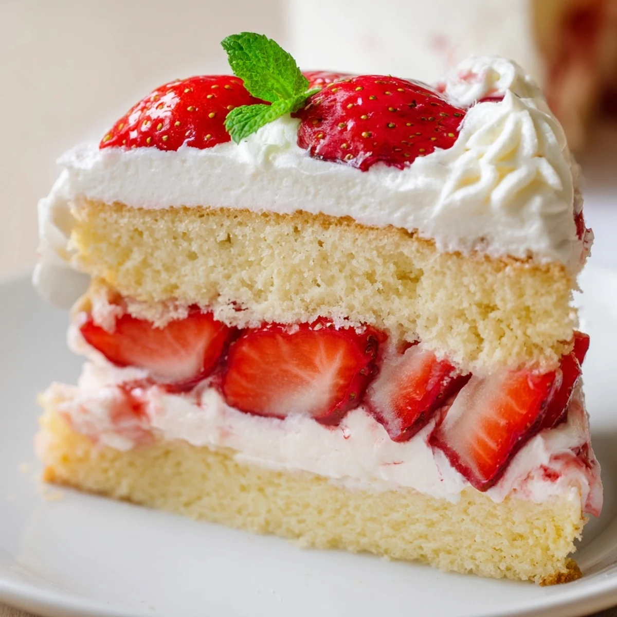 Light, airy Strawberries And Cream Sponge Cake garnished with mint and powdered sugar