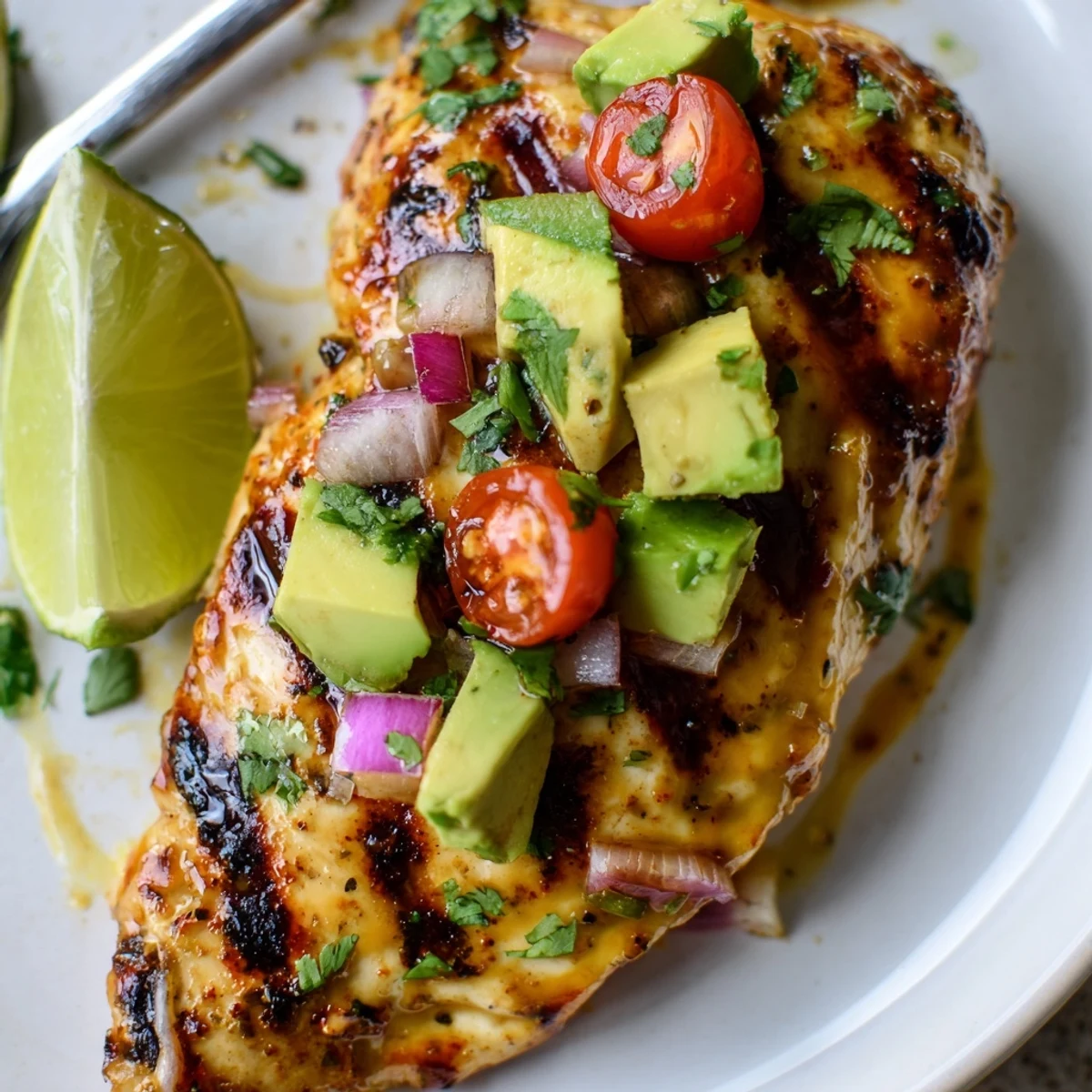 Sliced Fiesta Lime Chicken With Avocado served over rice with cilantro