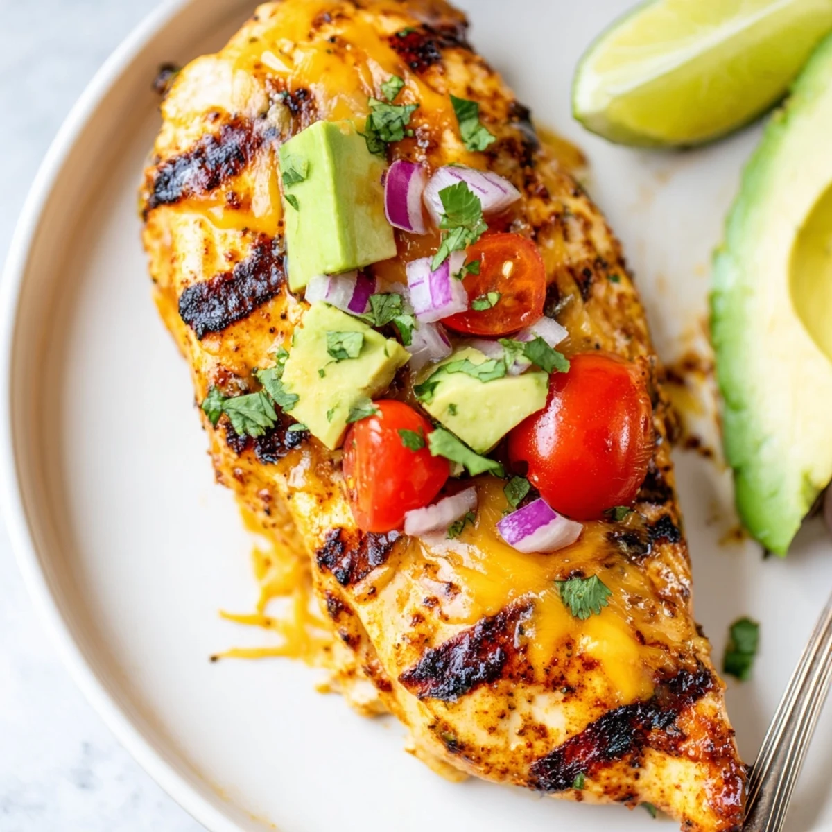 Weeknight Fiesta Lime Chicken With Avocado garnished with cherry tomatoes and lime