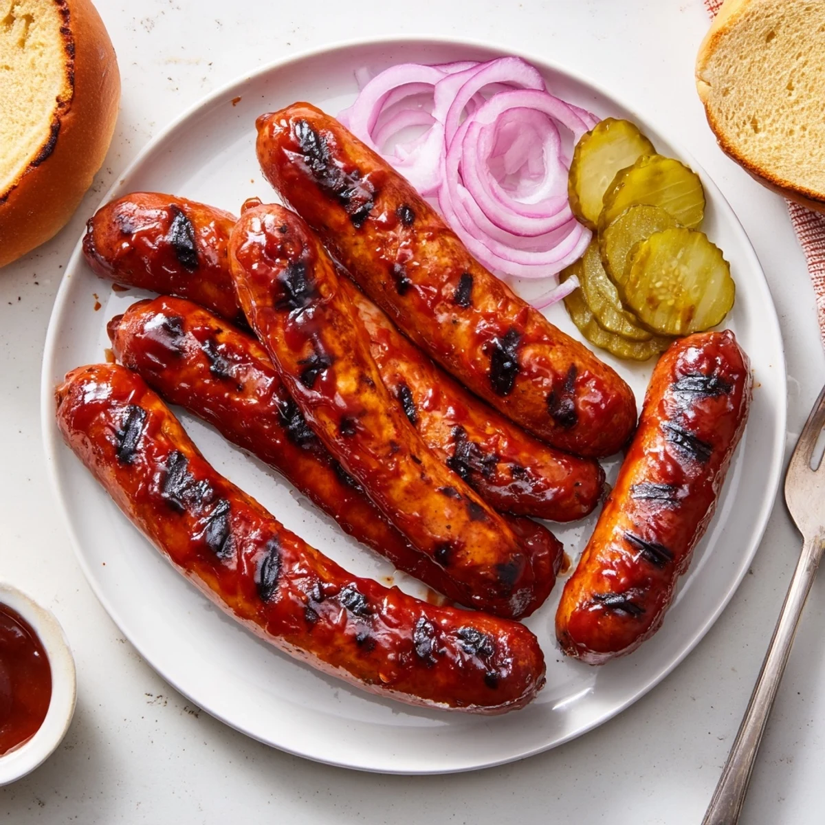 BBQ Sausage Recipe grilled until caramelized, smoky glaze dripping, served in buns