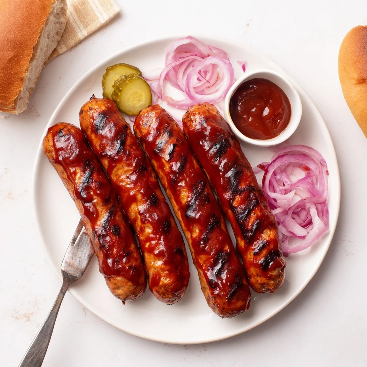 Savory, juicy BBQ Sausage Recipe on a hot grill with charred edges