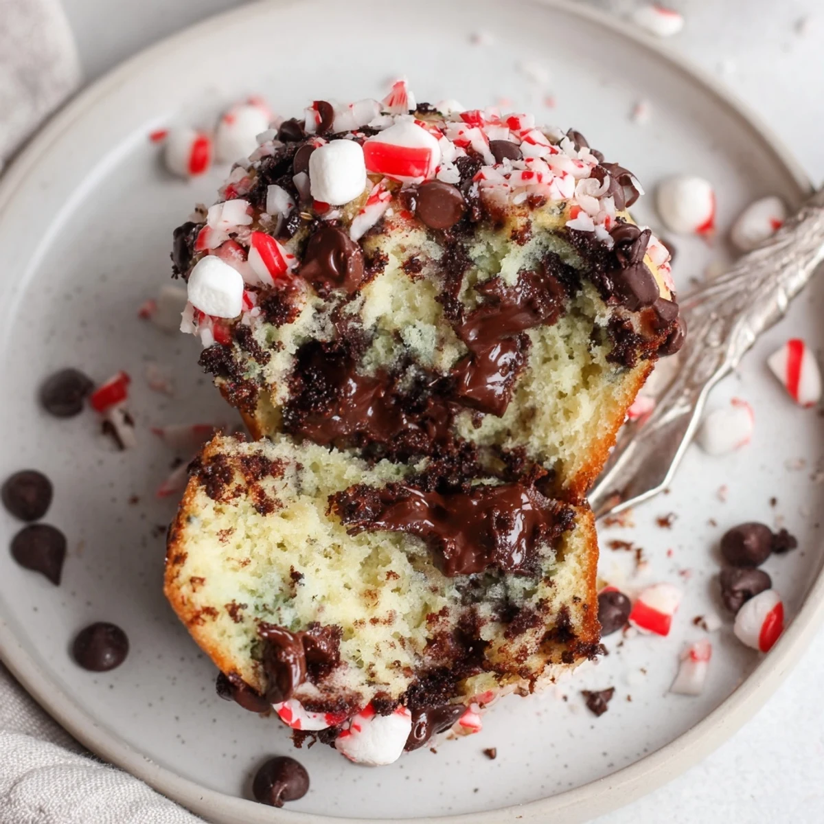 Peppermint Hot Chocolate Muffins steaming with melted chocolate, crushed candy sprinkled on top