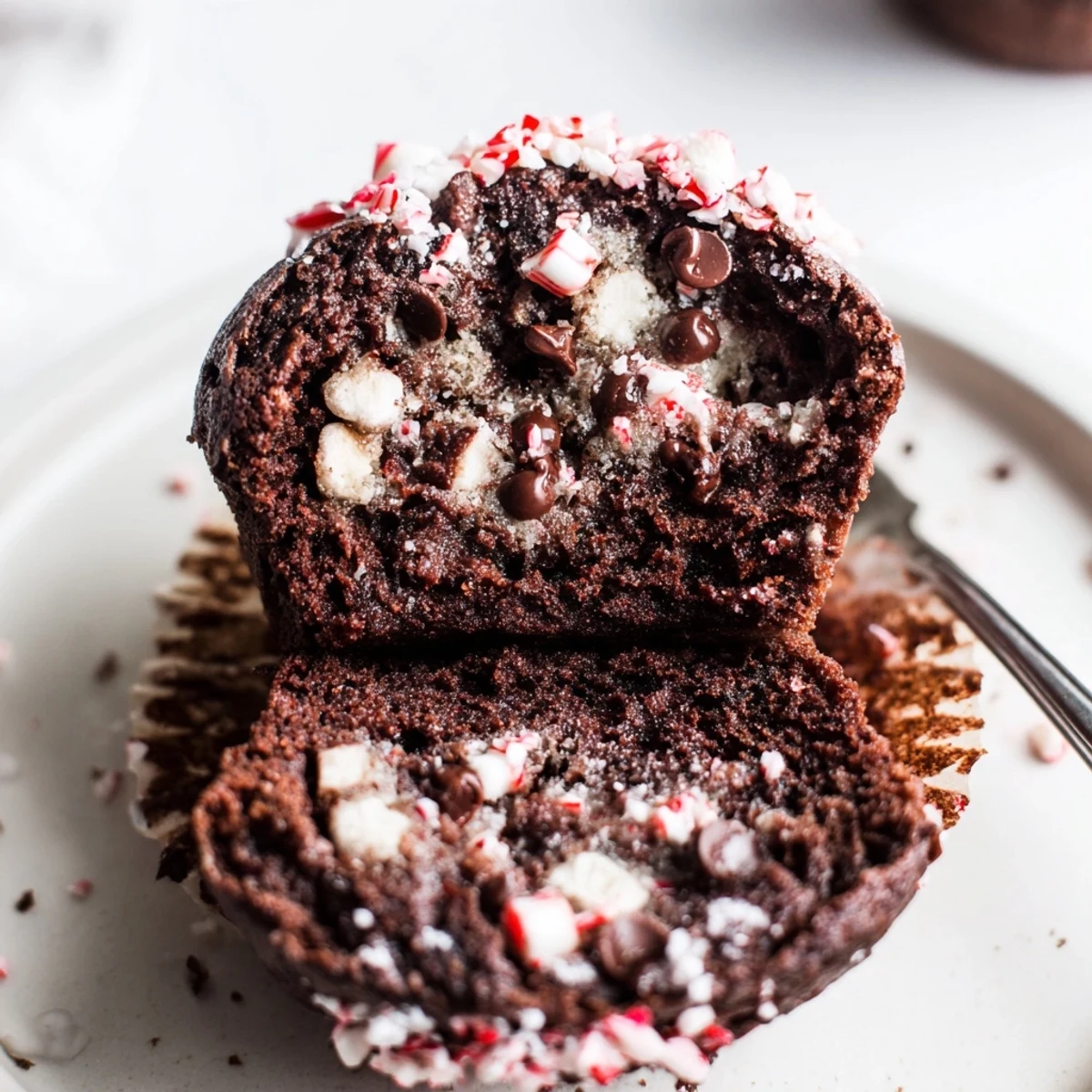 Two Peppermint Hot Chocolate Muffins on a rack, gooey centers visible