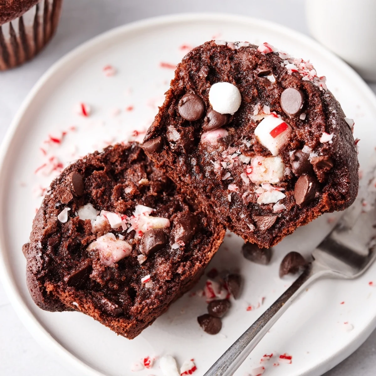 Warm Peppermint Hot Chocolate Muffins garnished with marshmallows, perfect with coffee