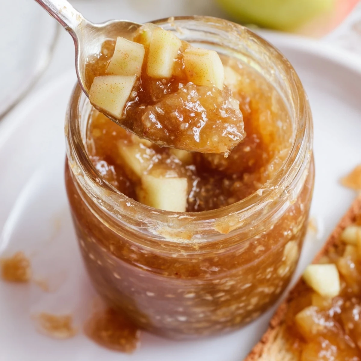 Fall Caramel Apple Jam glistening in jar, chunky apples, warm spice aroma