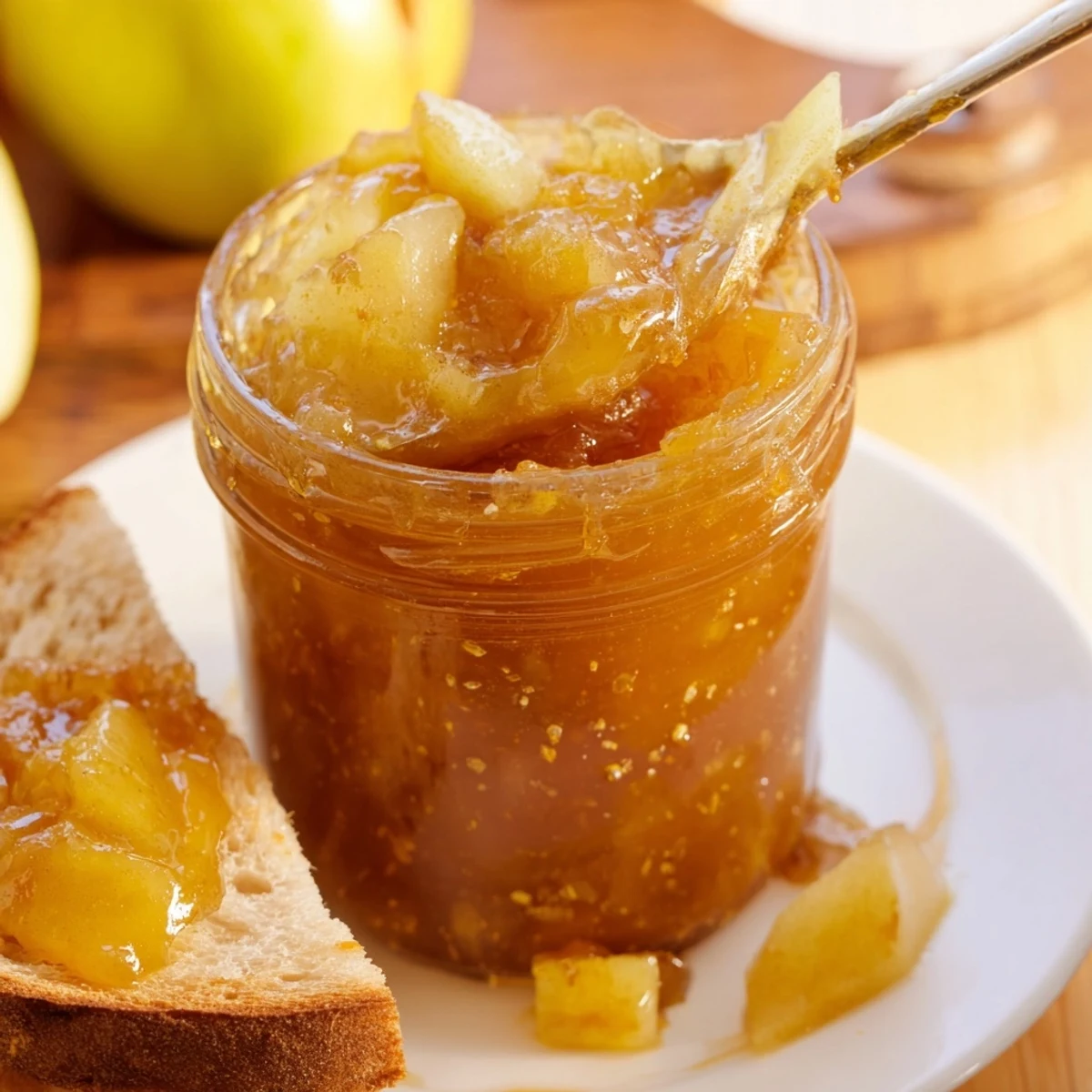 Homemade Fall Caramel Apple Jam spooned onto toast, buttery caramel notes