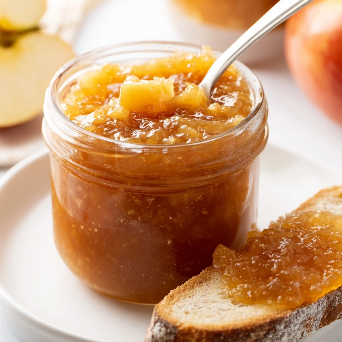 Warm Fall Caramel Apple Jam cooling in canning jars, cinnamon-kissed sweetness