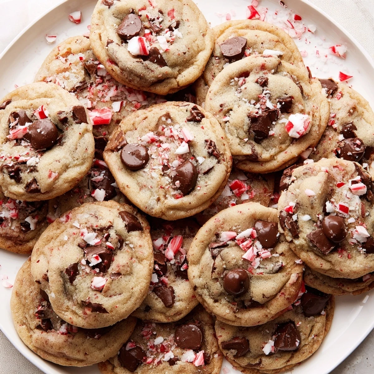 Peppermint Chocolate Chip Cookies cooling on a wire rack, glossy chips, crushed candy  