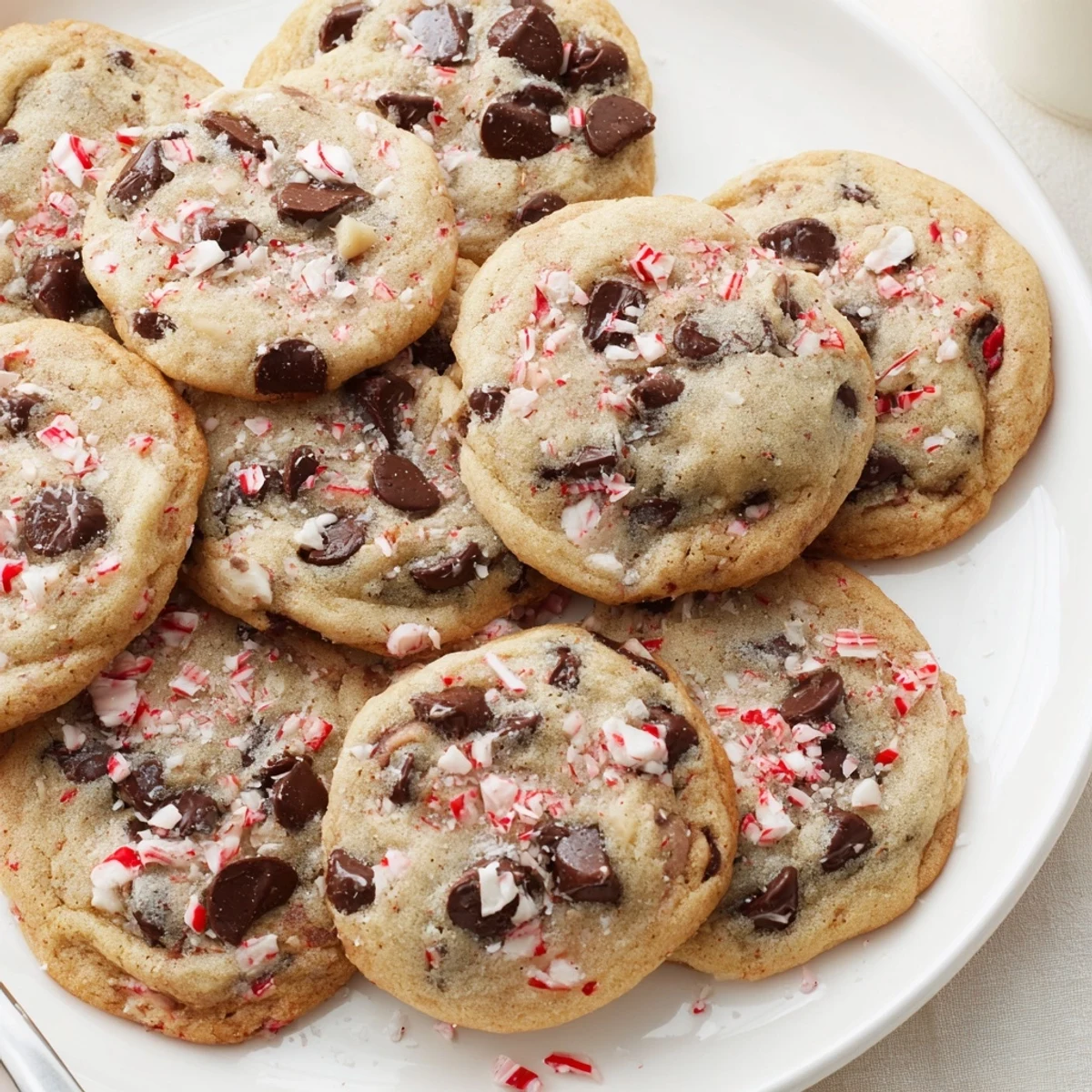 Warm Peppermint Chocolate Chip Cookies with melting chocolate, peppermint specks, holiday platter  