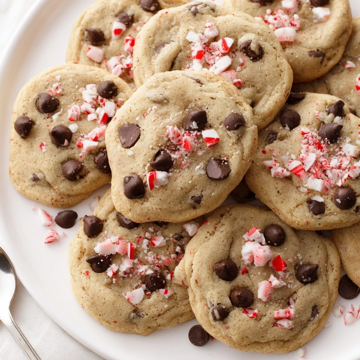 Stacked Peppermint Chocolate Chip Cookies drizzled with white chocolate, ready for gifting