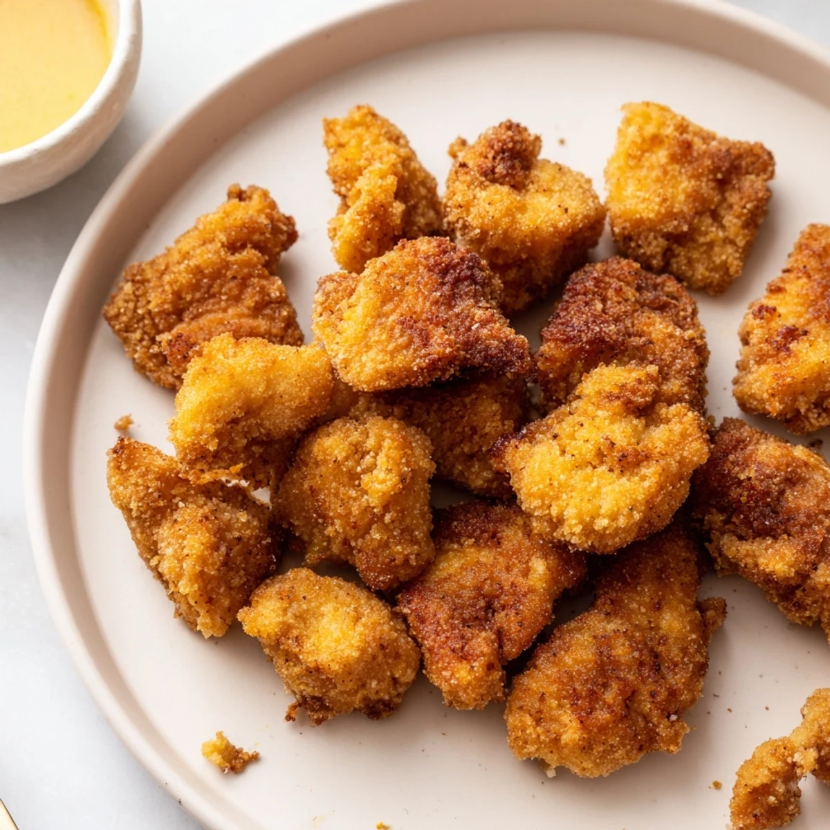 Crispy golden Chicken Bites piled on parchment, steam rising, ranch nearby