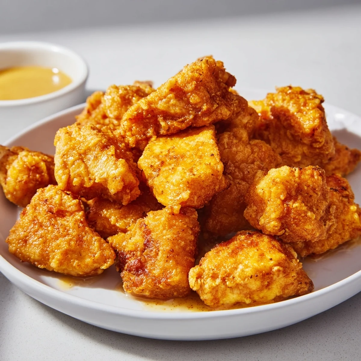 Hot fried Chicken Bites arranged beside honey mustard, steam and coarse salt