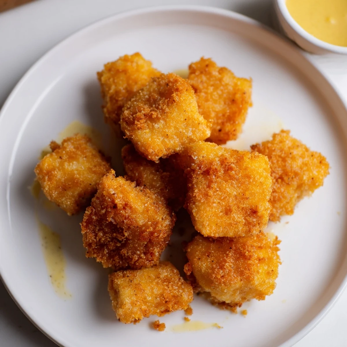 Juicy Chicken Bites with crunchy crust served on wooden board, lemon