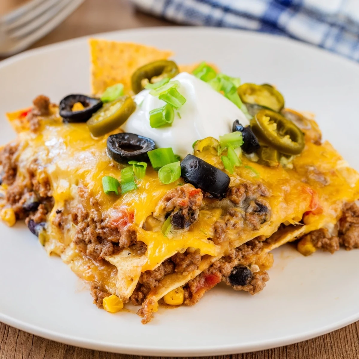 Layered Cheesy Nacho Casserole on a baking dish, topped with green onions