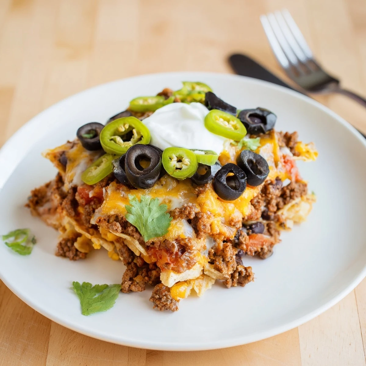 Warm Cheesy Nacho Casserole plated with sour cream dollop and bright cilantro