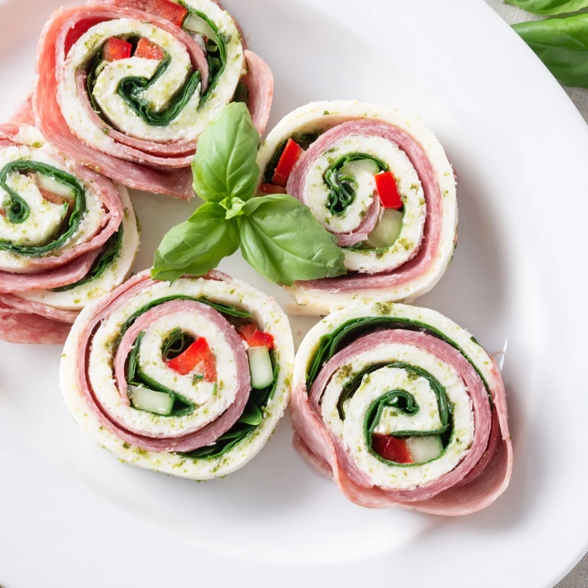 Italian Pinwheel Sandwiches arranged on platter, creamy pesto, crisp bell pepper bites