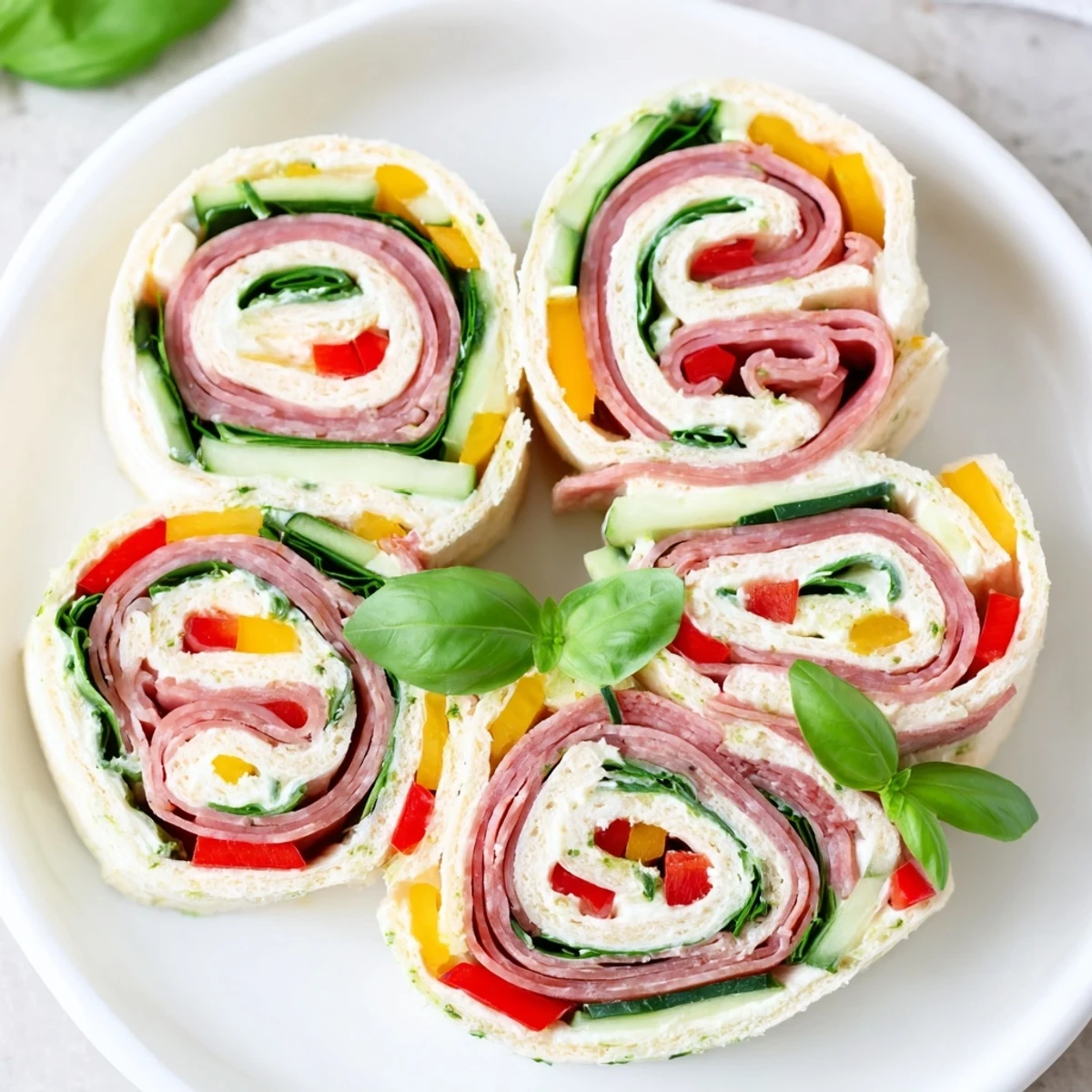 Chilled Italian Pinwheel Sandwiches with savory salami, provolone, and fresh basil