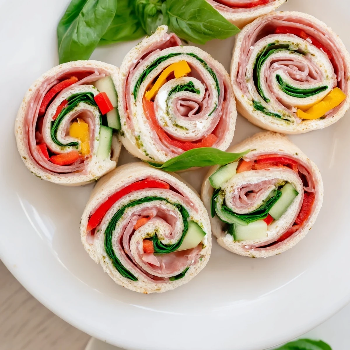 Party-ready Italian Pinwheel Sandwiches sliced neatly, creamy pesto spread, crunchy cucumber