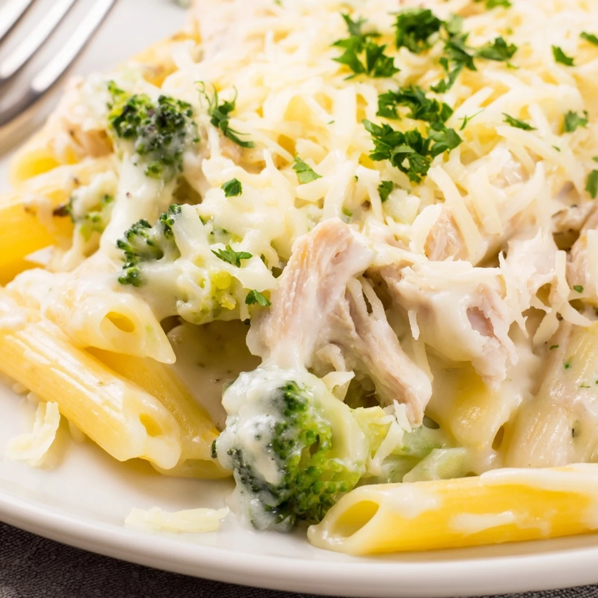 Sliced Chicken Broccoli Alfredo Bake on plate with garlic bread, parsley