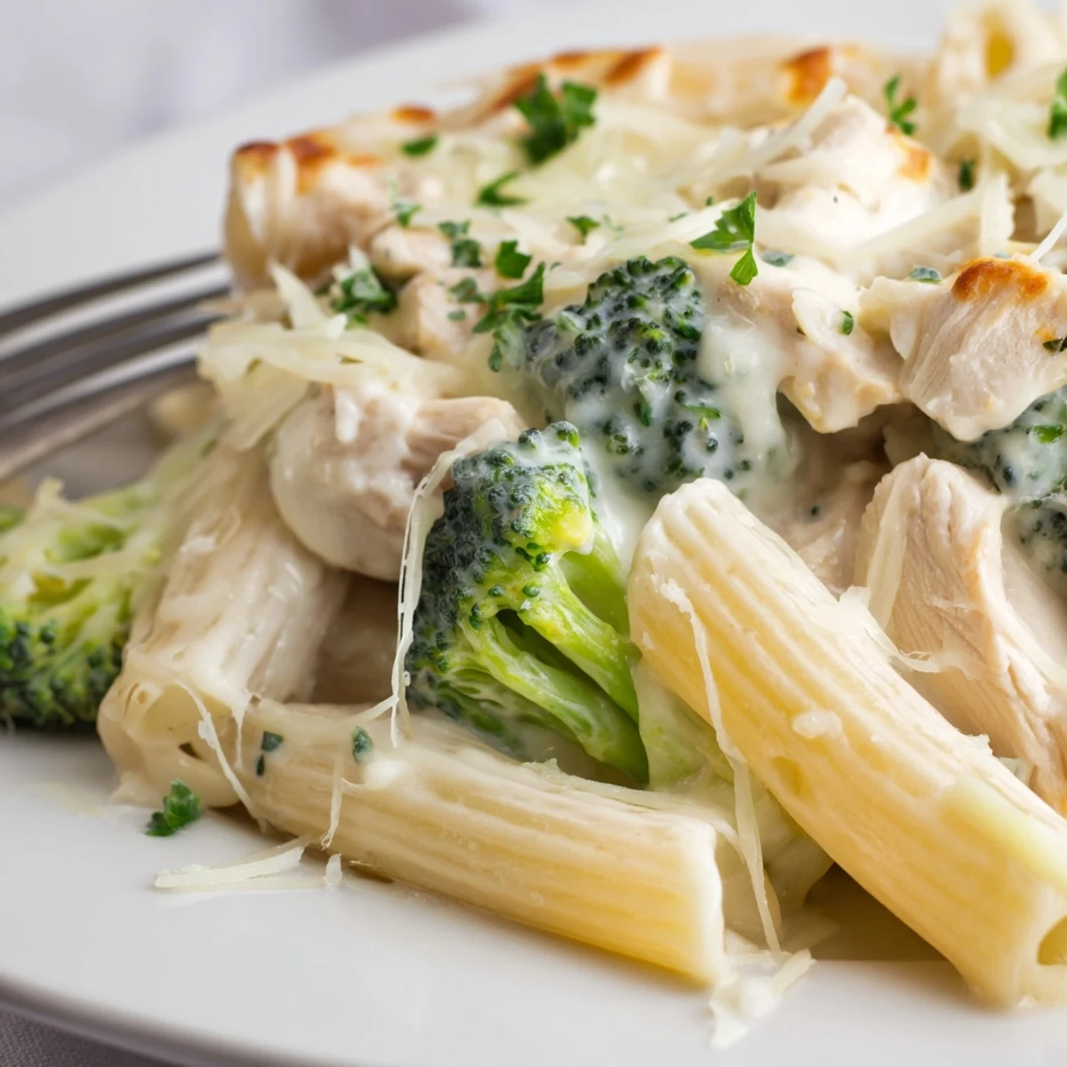 Oven-steaming Chicken Broccoli Alfredo Bake with melted mozzarella and parsley