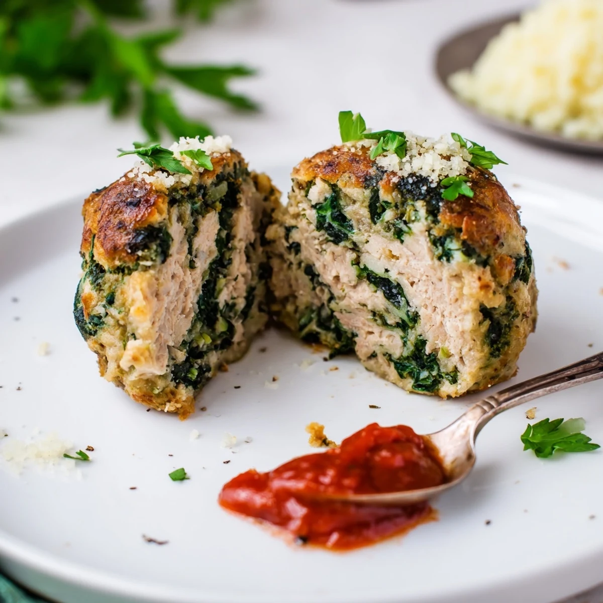 Low Carb Spinach Chicken Meatballs, golden-brown and juicy with green flecks