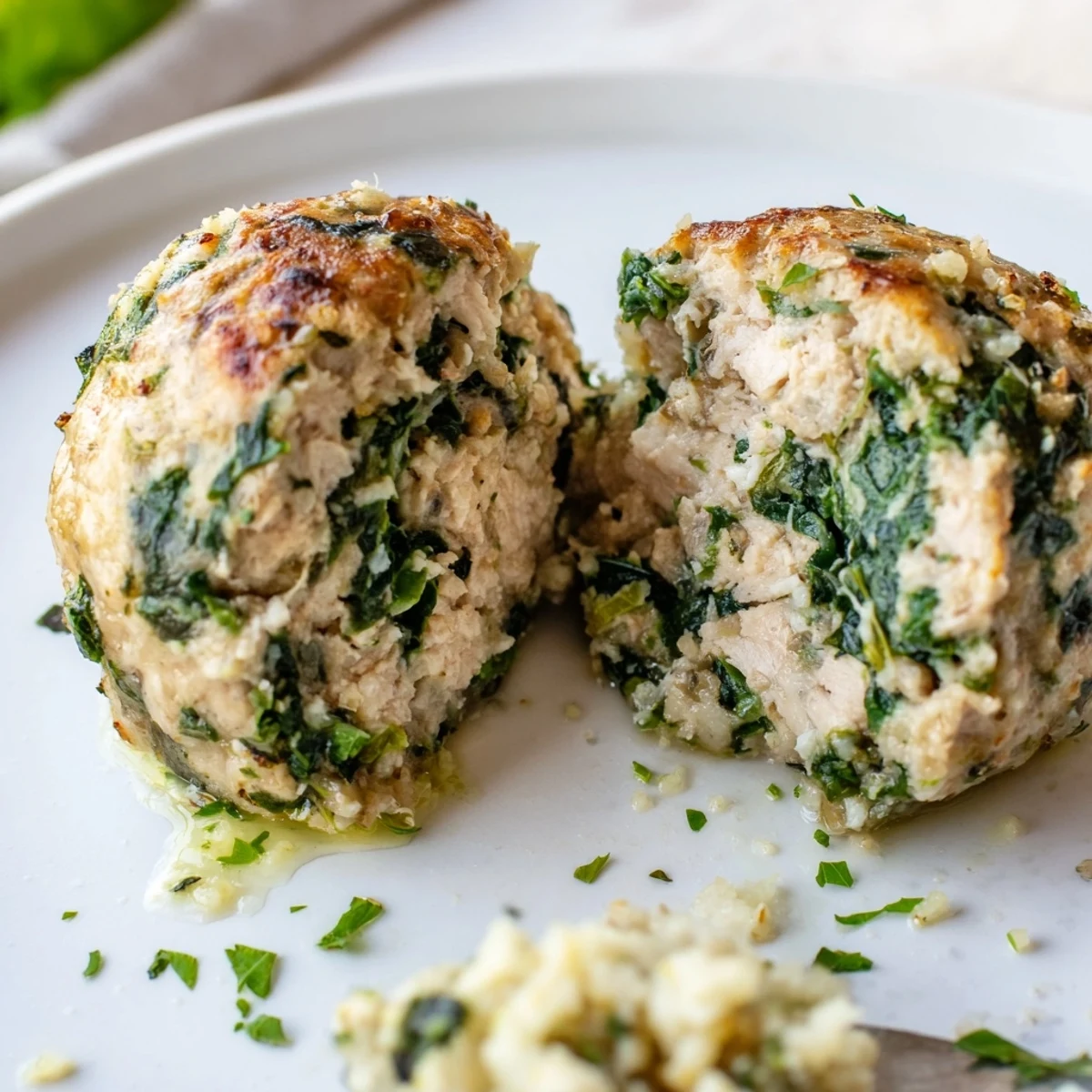 Low Carb Spinach Chicken Meatballs served over cauliflower rice with tangy marinara drizzle