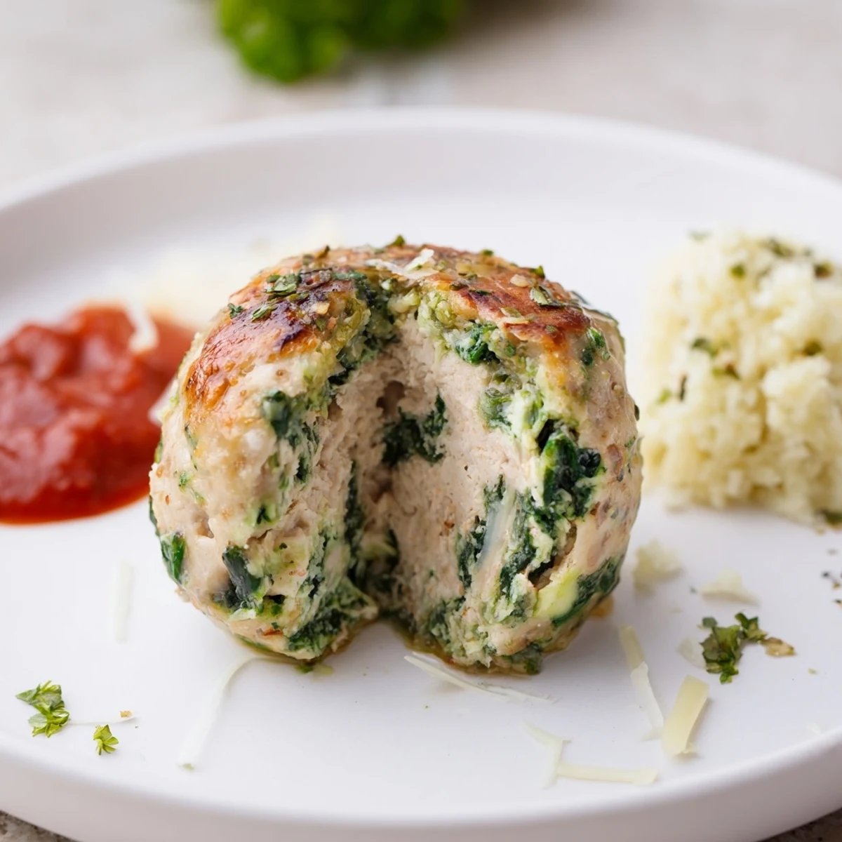 Oven-baked Low Carb Spinach Chicken Meatballs resting on parchment, steaming, herb-scented