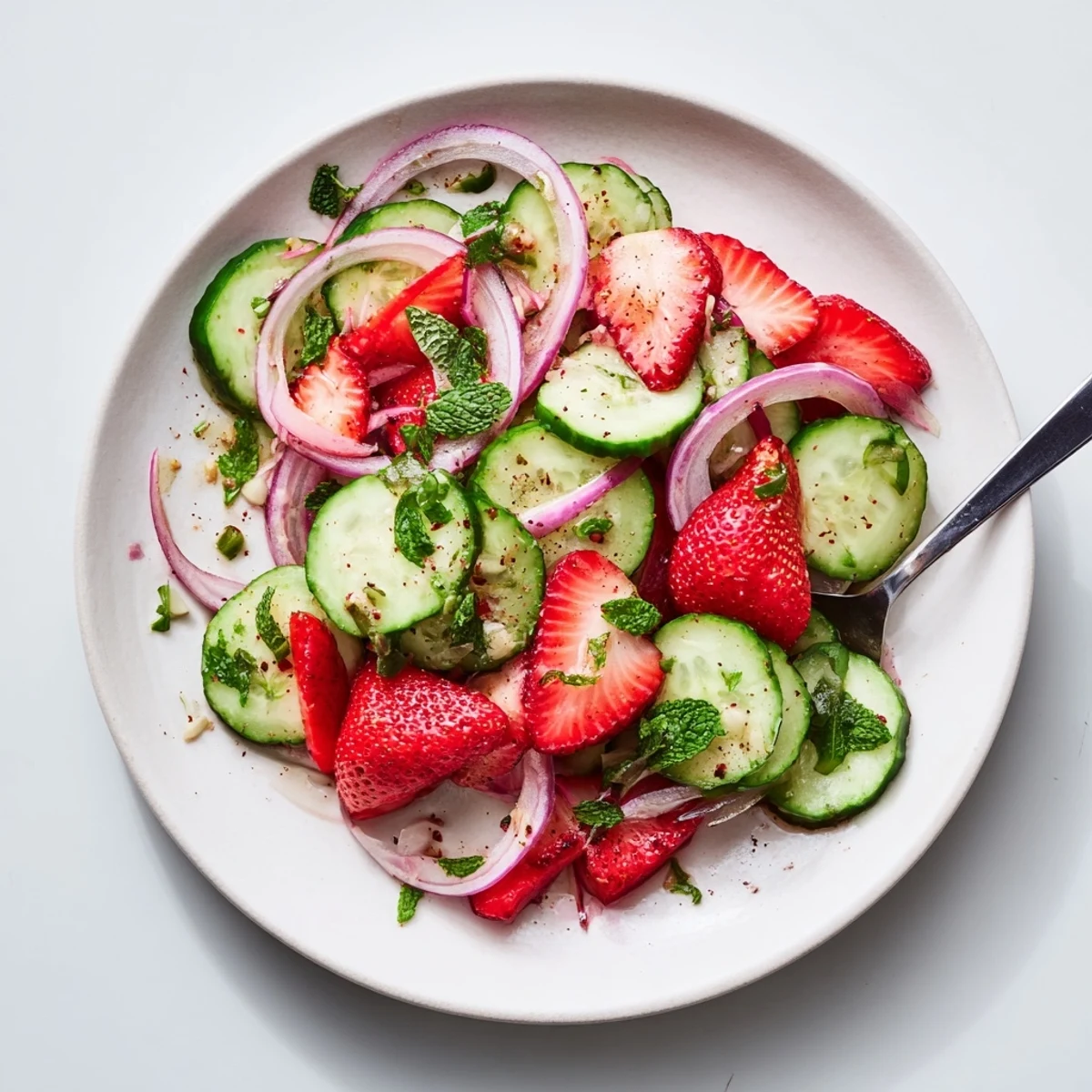 Cucumber Strawberry Salad Recipe with crisp cucumber ribbons, sweet berries, fresh mint  