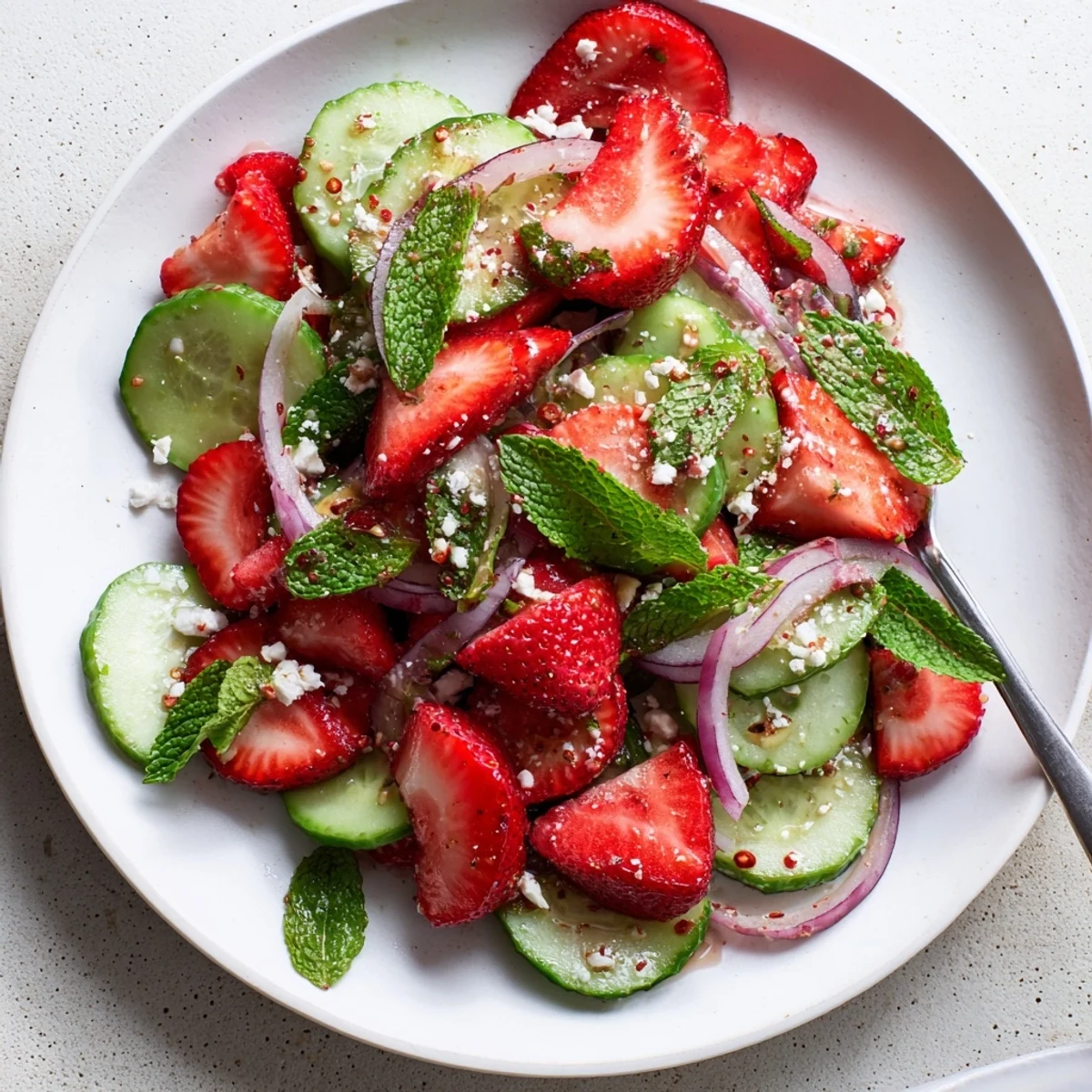Colorful Cucumber Strawberry Salad recipe topped with crumbled feta and toasted almonds