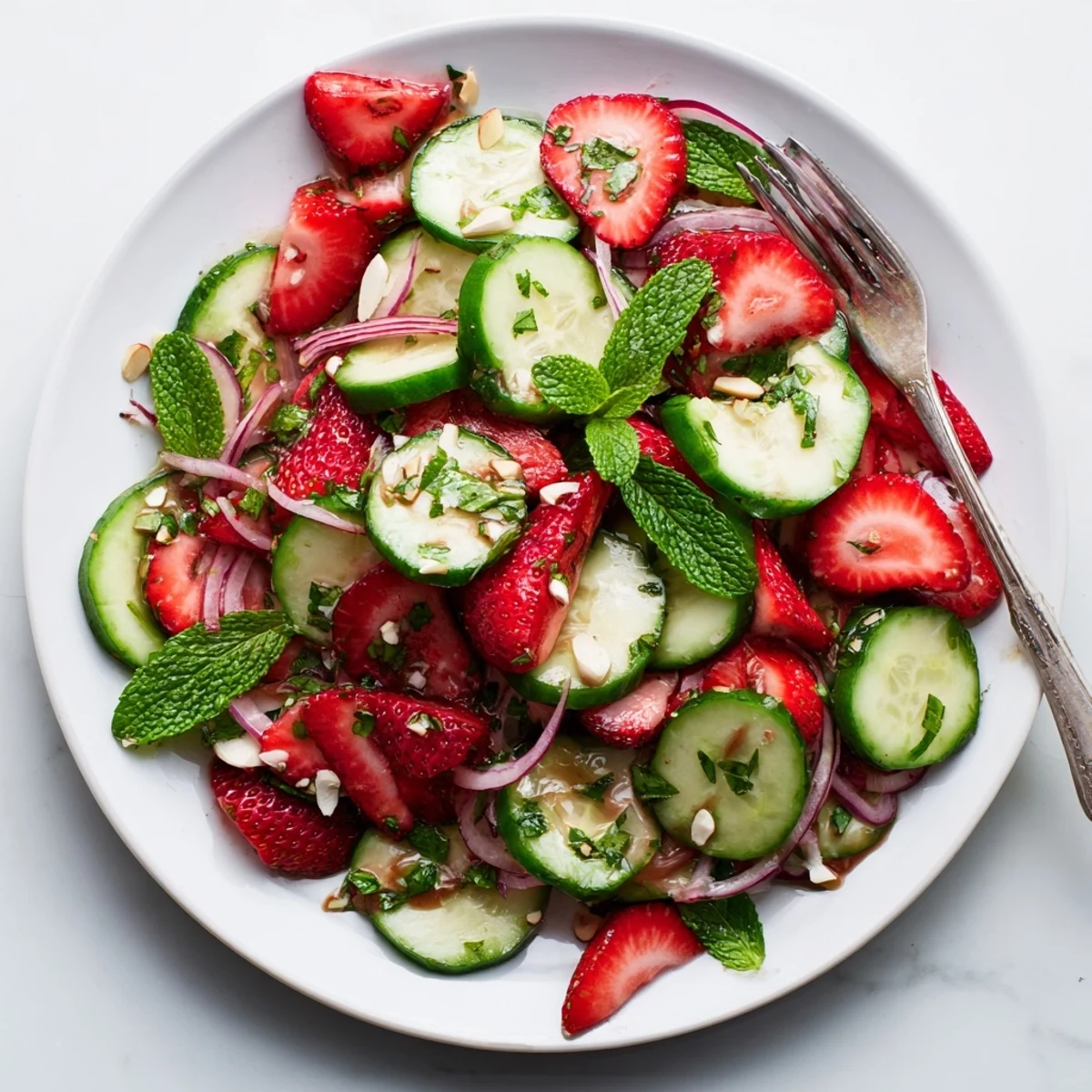 Chilled Cucumber Strawberry Salad tossed in tangy balsamic-honey dressing, ideal picnic side  