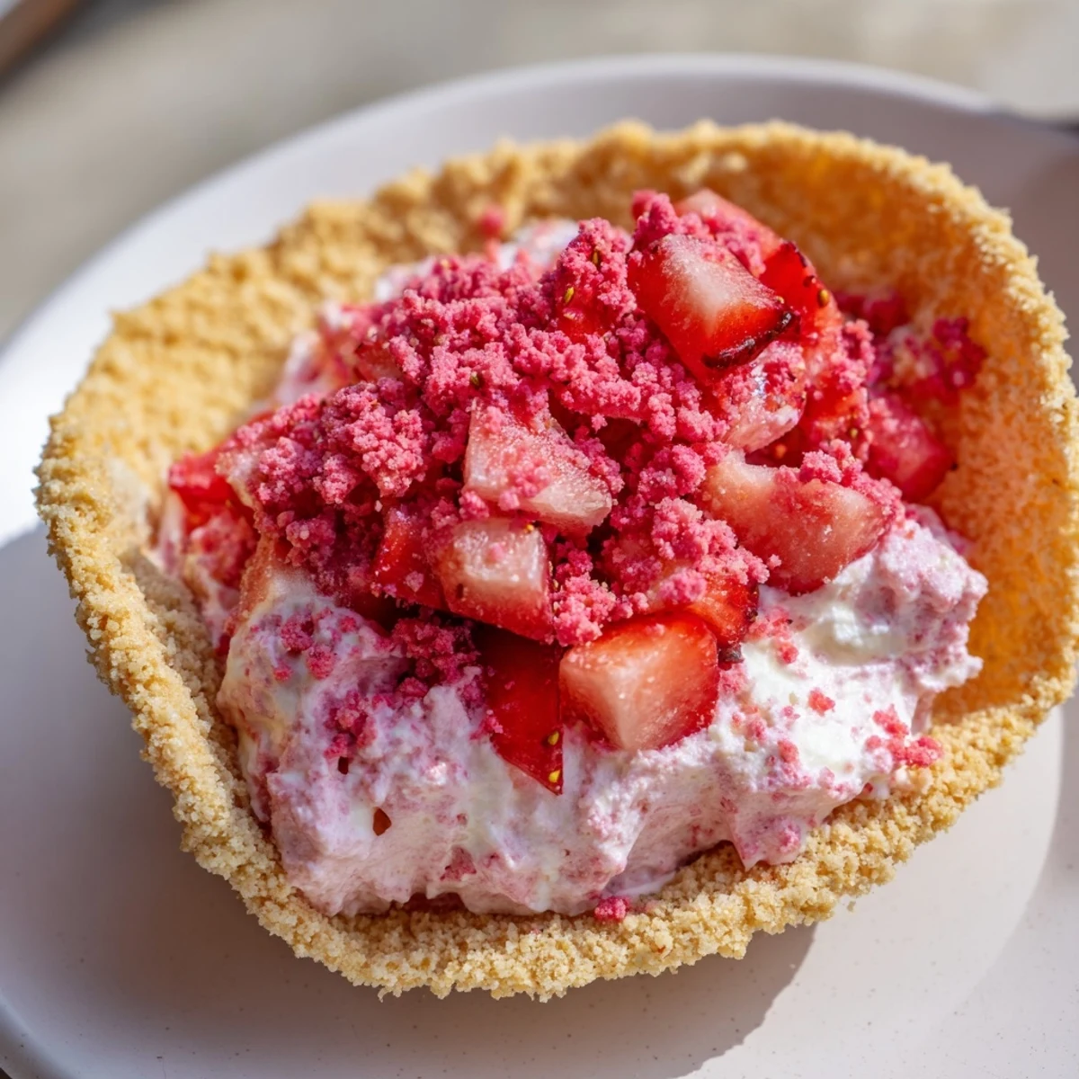 Strawberry Crunch Cheesecake Tacos with creamy filling, golden crisp shells, fresh strawberries