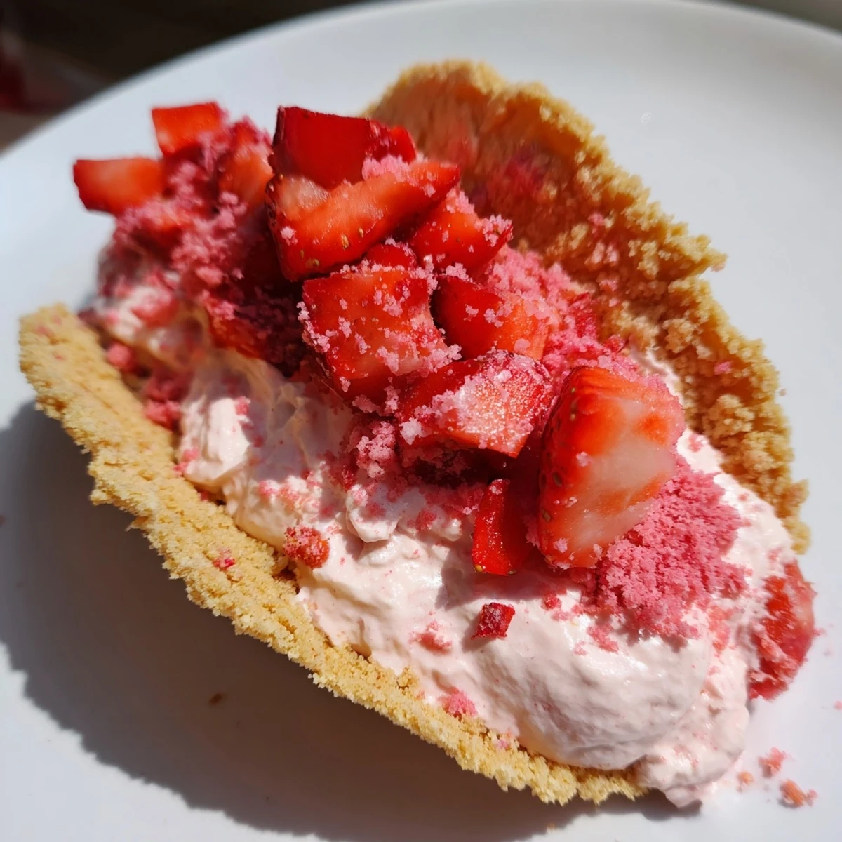 Close-up of Strawberry Crunch Cheesecake Tacos, creamy centers, crunchy red crumb edges