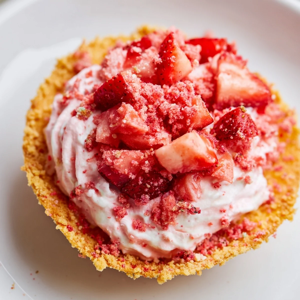 Plated Strawberry Crunch Cheesecake Tacos dusted with cookie crumbs, chilled and ready