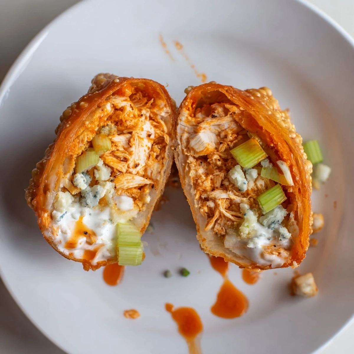 Close up of spicy Buffalo Chicken Egg Rolls Recipe oozing melted mozzarella cheese
