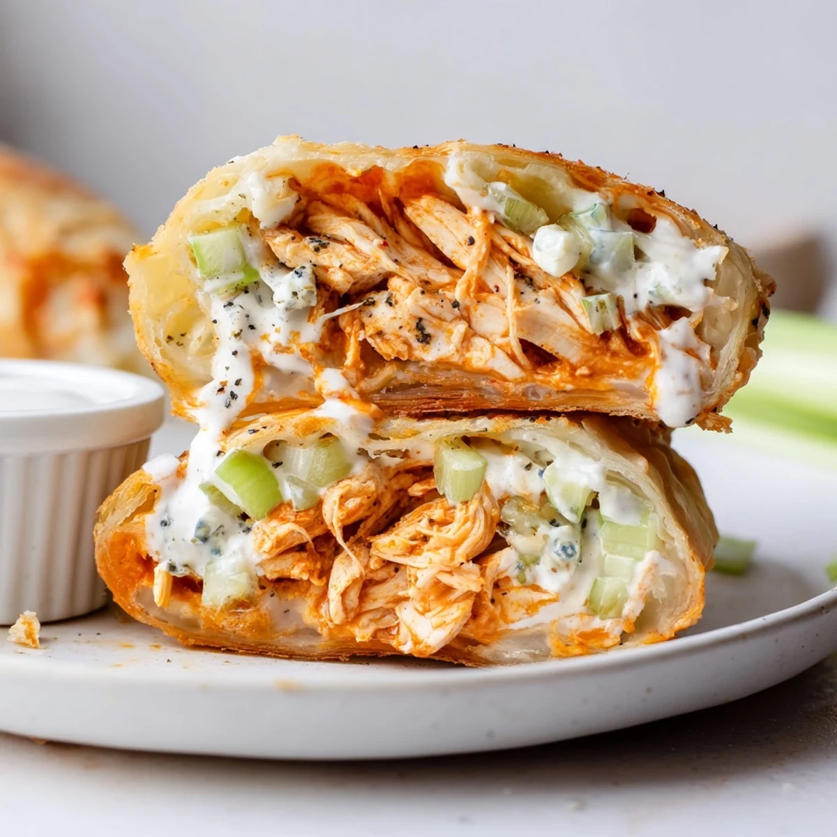 Crispy golden Buffalo Chicken Egg Rolls Recipe served with cool ranch dipping sauce