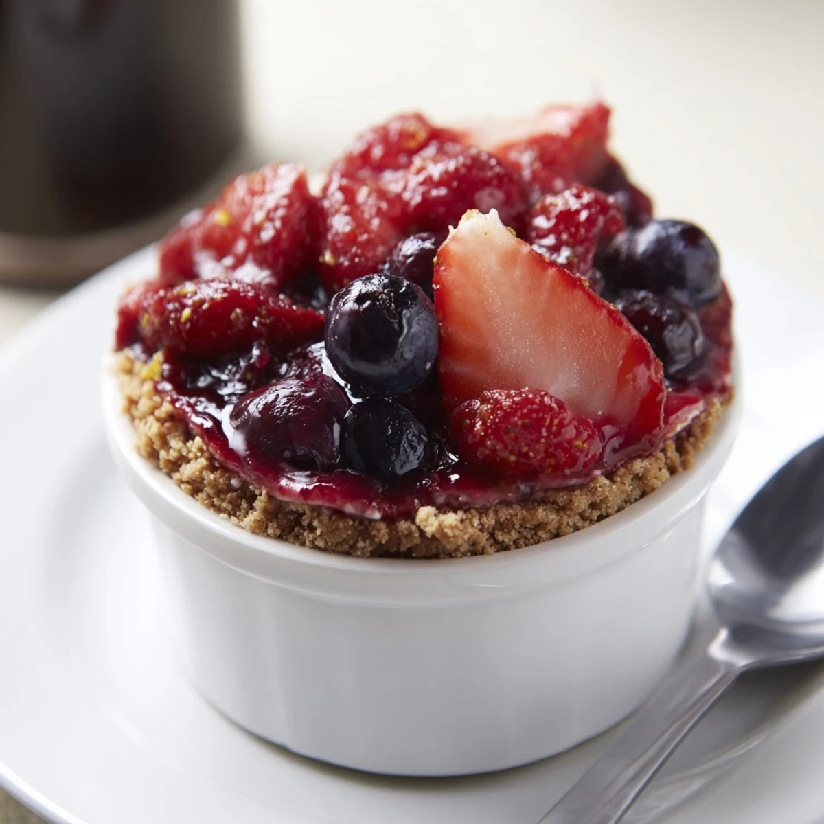 Berry No Bake Cheesecakes with glossy mixed berry compote and crunchy graham base.
