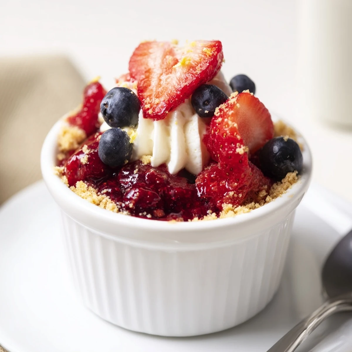 Chilled Berry No Bake Cheesecakes in glass jars, creamy layers, fresh berries.