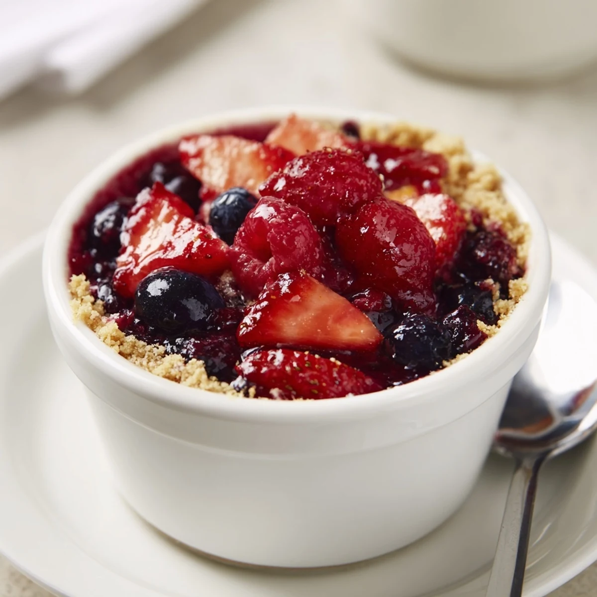 Berry No Bake Cheesecakes spoon-ready, velvety filling atop crisp biscuit, summer dessert.