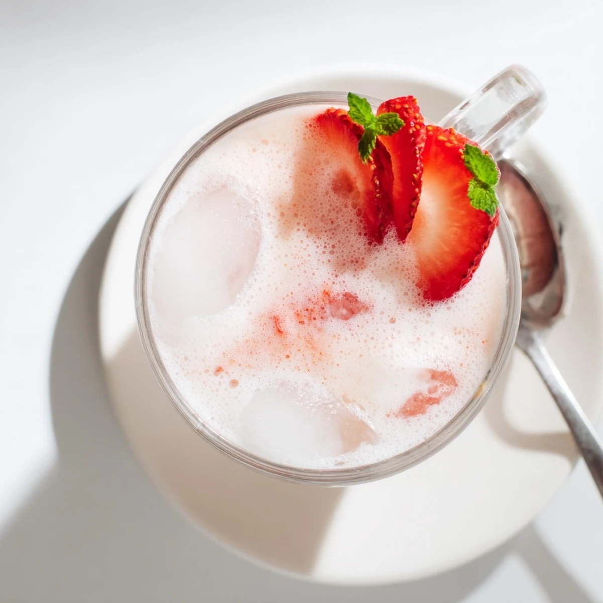 Frothy Strawberry Coconut Cooler Recipe served in chilled glasses with mint.