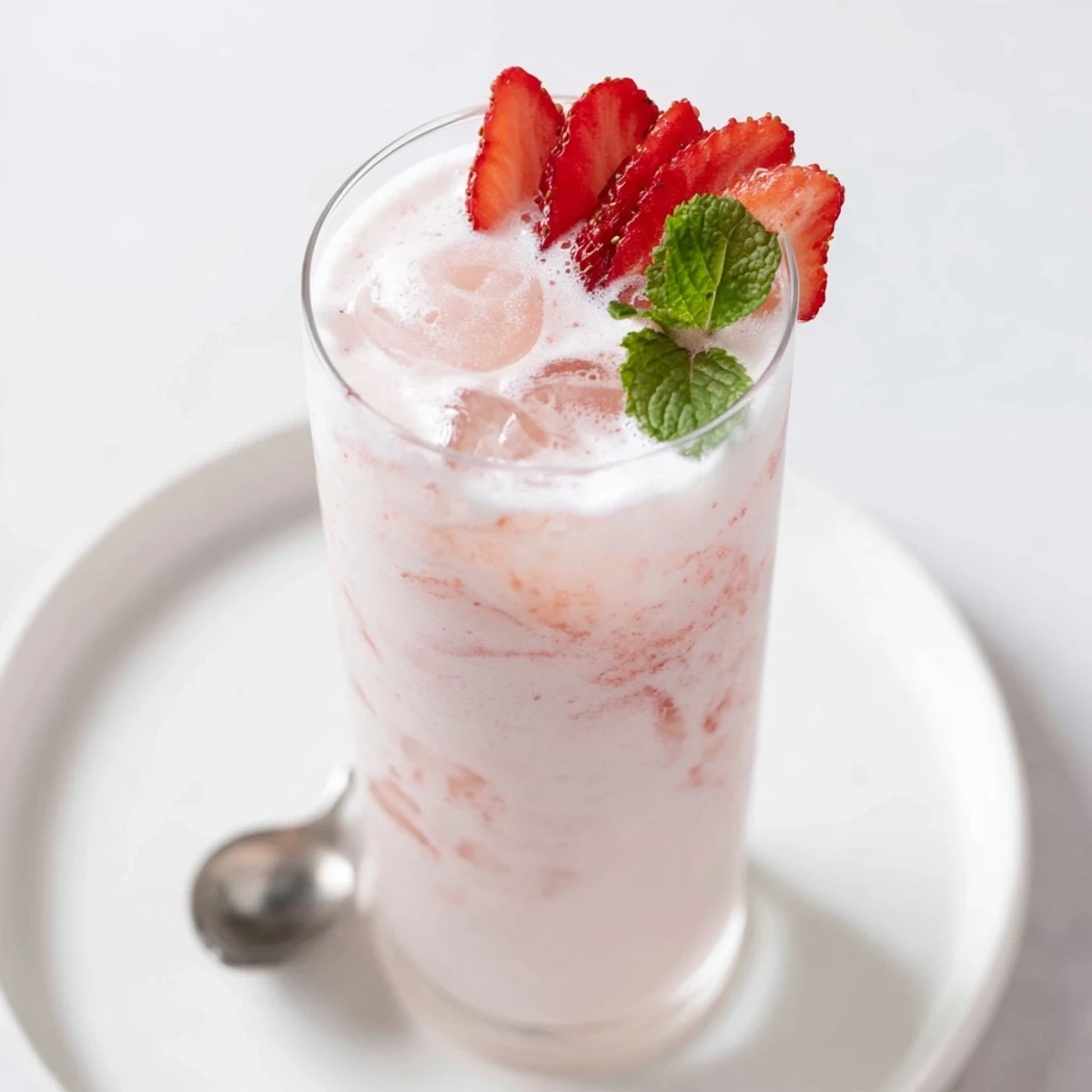 Bright pink Strawberry Coconut Cooler Recipe with creamy coconut and lime zest.